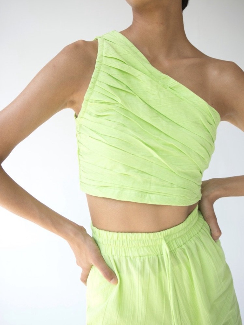 TACH One-Shoulder Neon Green Pleated Crop Top